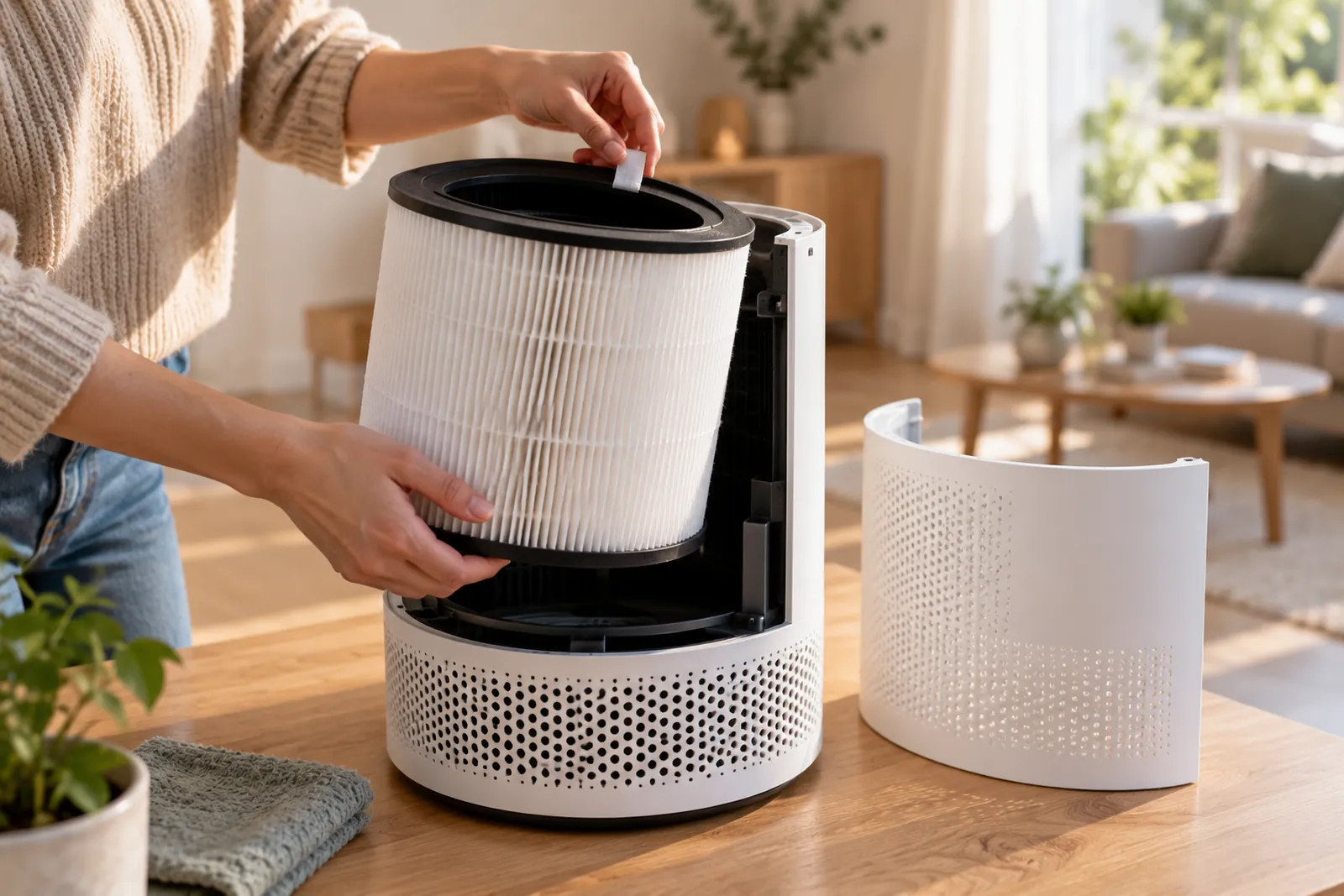 Purificateur d'air posé dans un salon lumineux