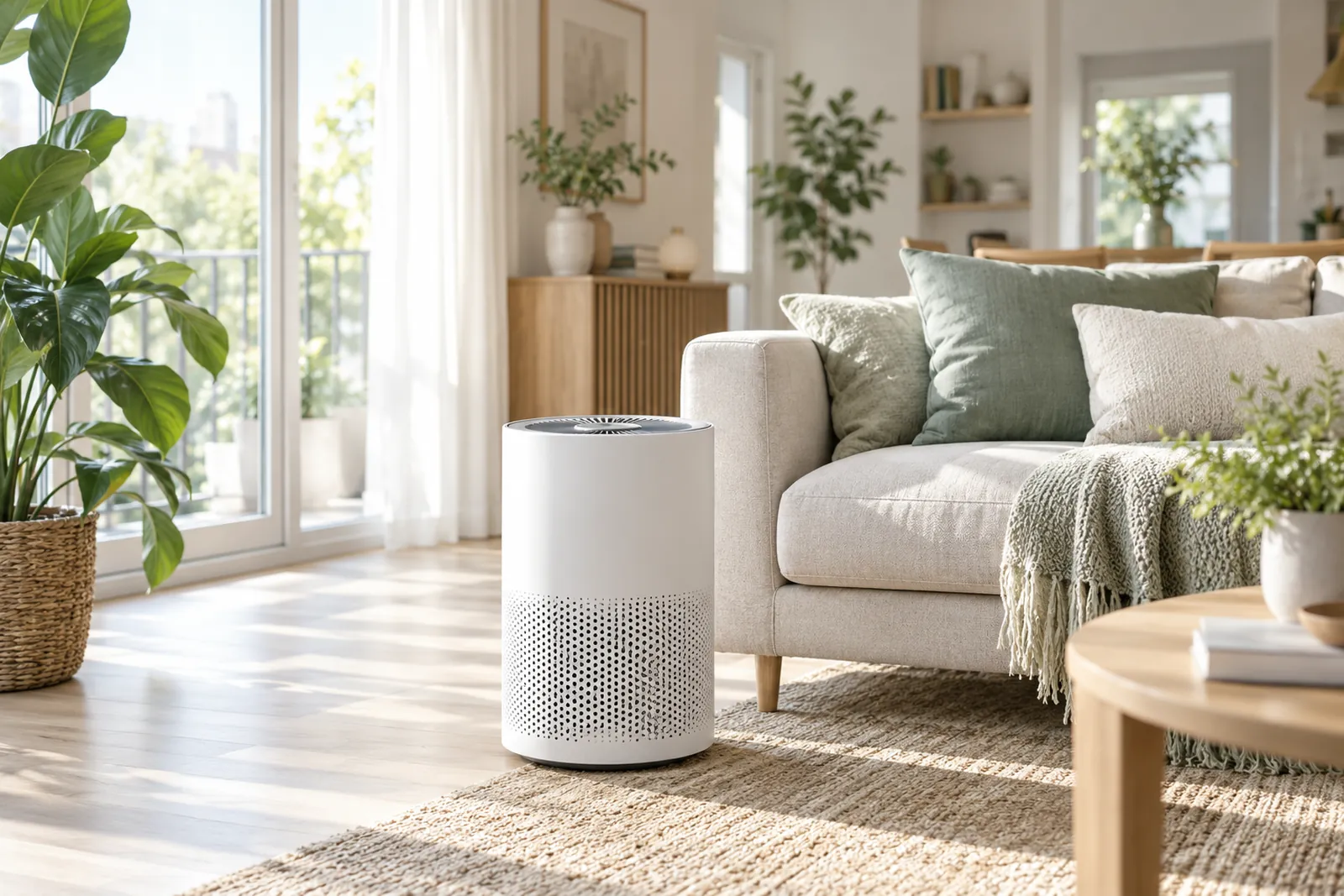 Purificateur d'air dans un séjour en fin de journée